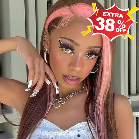VSHOW Pink And Brown SkunK Strips Straight Human Hair Lace Front Wigs Colored 13x4 Lace Wigs For Women