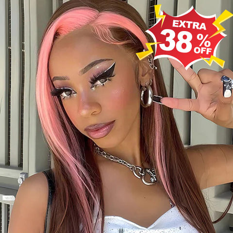 VSHOW Pink And Brown SkunK Strips Straight Human Hair Lace Front Wigs Colored 13x4 Lace Wigs For Women