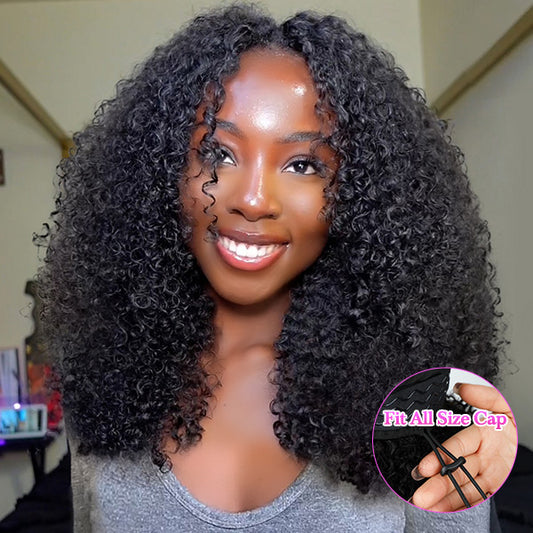 VSHOW Drawstring V Part Kinky Curly Wig 250% Density No Leave Out Thin Part Glueless Human Hair Wig For Beginners