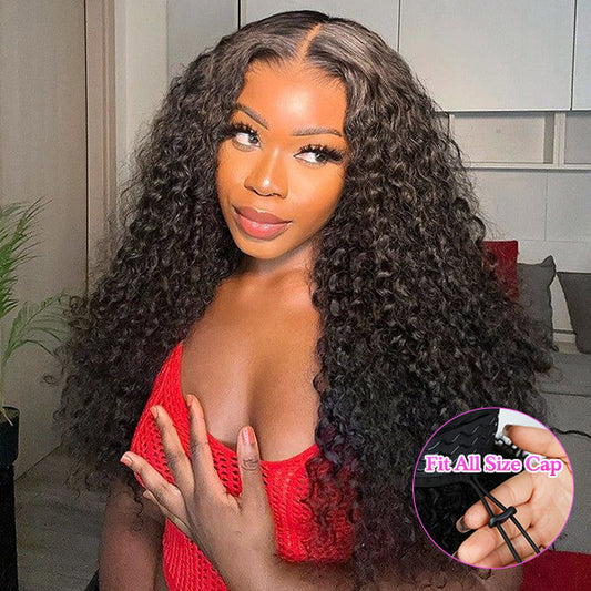 250% Density Deep Curly V Part Wigs With Drawstring No Leave Out Side Part Available Deep Wave Glueless Human Hair Wigs