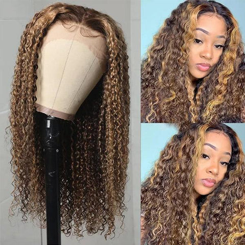Clearance Sale Highlight 4/27 Kinky Curly 4x4  Lace Closure Human Hair Wigs Pre Plucked Hairline Transparent Lace