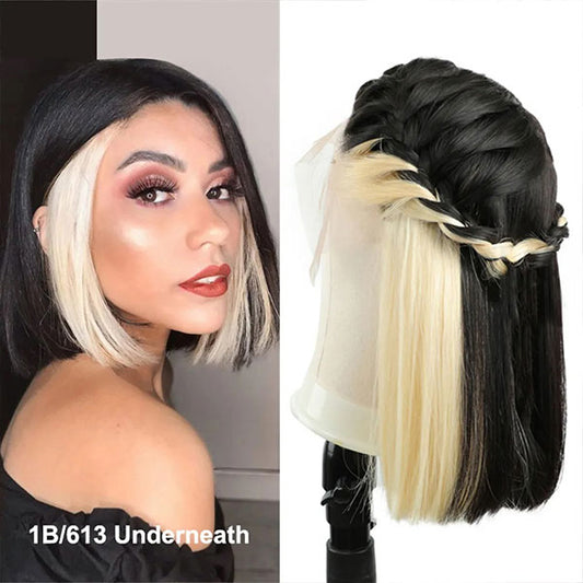 VSHOW Bob Straight Hair High Density Peekaboo Highlights Underlight Lace Front Wigs Blonde Pink Red Purple