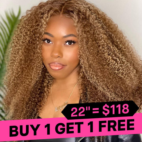 Buy One Get One Free Highlight  Kinky Curly 4x4  Lace Closure Human Hair Wigs With Baby Hair
