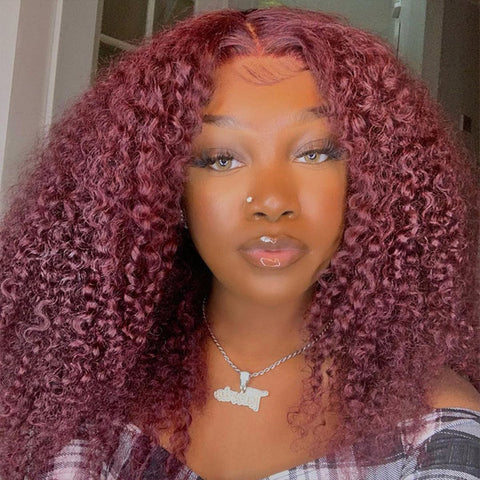 Burgundy Color Kinky Curly Wear Go Glueless Wigs Pre-Cut Lace Human Hair Wigs