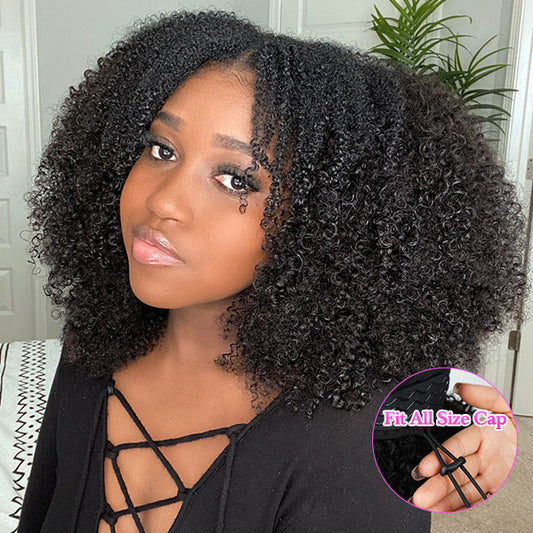 Vshow Glueless Wigs V Part Afro Curly Wig No Leave Out Thin Part Human Hair Wig With Drawstring Beginner Friendly