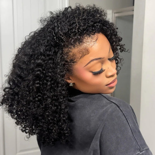 Drawstring Kinky Curly Half Wig Full Machine Made Natural Hairline 250% Density Blend With Natural Hair