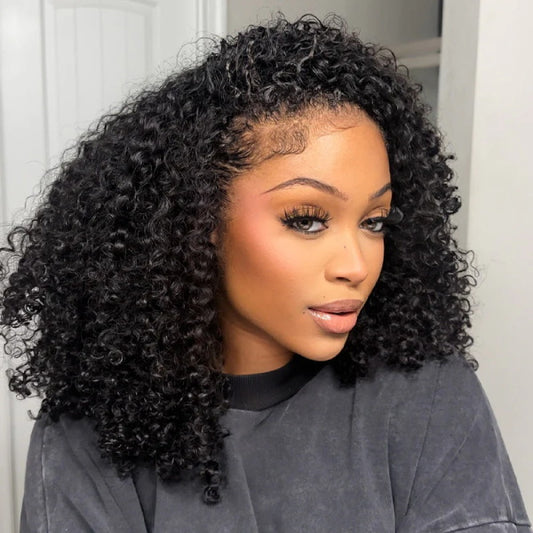 Drawstring Kinky Curly Half Wig Full Machine Made Natural Hairline 250% Density Blend With Natural Hair