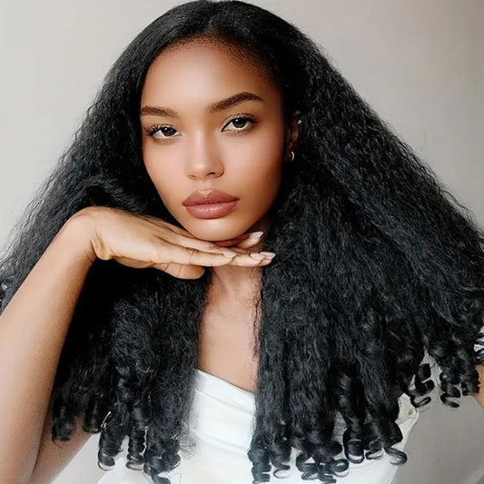 Vshow Kinky Straight Burmese Curly Human Hair Half Wigs 250% Density With Drawstring Natural Blend Wigs