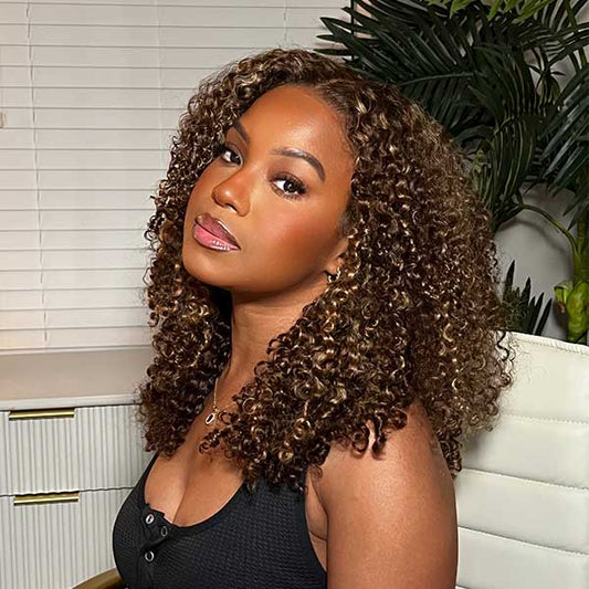 VSHOW Kinky Curly Hair Highlight Wig Wear Go Wigs Glueless 4x6 HD Lace Wigs 180% Density