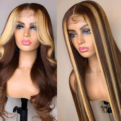 VSHOW Body Wave Perm Brown Hair With Blonde Highlights Human Hair Lace Front Wigs