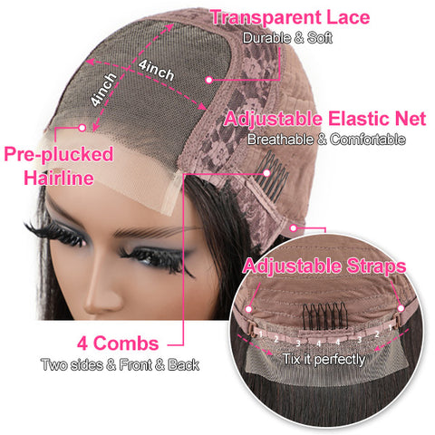 VSHOW Straight Human Hair 4x4 Lace Closure Wigs Natural Black