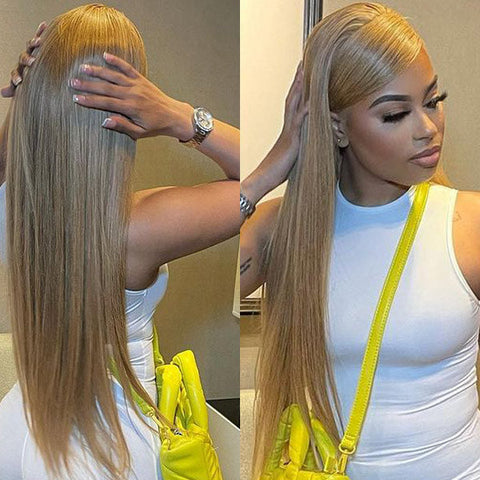 VSHOW Honey Blonde #27 Color Straight Human Hair Wigs Transparent lace Color Wigs 180% Density
