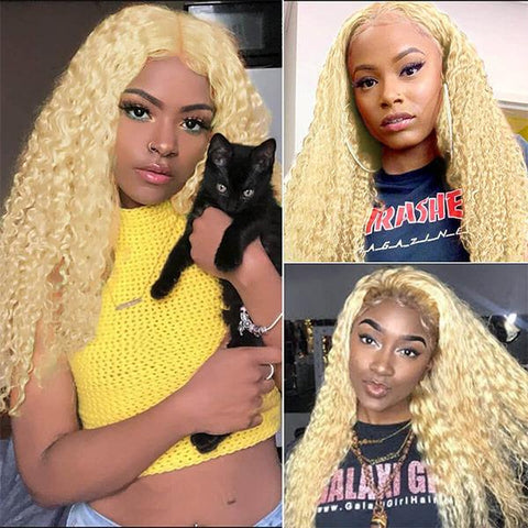 VSHOW Lace Front Kinky Curly Wig Human Hair Wigs 613 Honey Blonde Pre Plucked Wigs