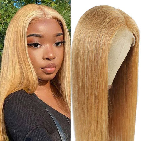 VSHOW Honey Blonde #27 Color Straight Human Hair Wigs Transparent lace Color Wigs 180% Density