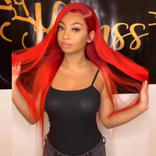 VSHOW Bright Red Color Straight Hair Lace Front Human Hair Wigs Popular Color Wigs