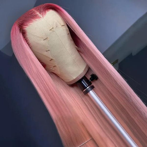VSHOW Light Pink Hair Anime Girl Long Straight Hair Lace Front Wigs Peach Pink Hair Cosplay Wigs