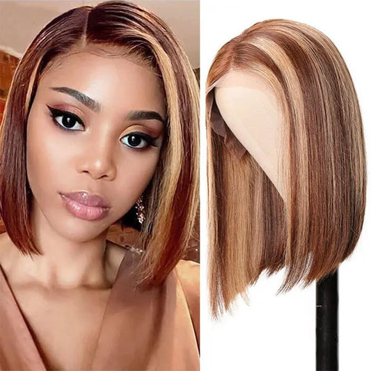 VSHOW 4/27 Brown Hair With Highlights Hair Blonde Bob Short Hair Colorful Bob Wigs