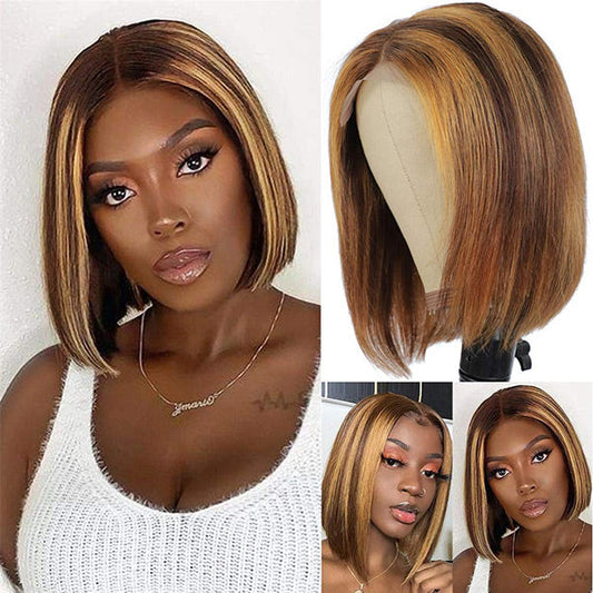 VSHOW 4/27 Brown Hair With Highlights Hair Blonde Bob Short Hair Colorful Bob Wigs