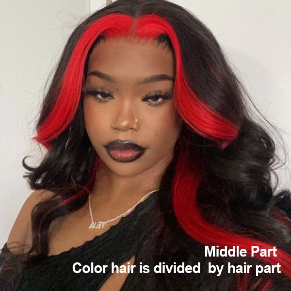 Red Skunk Stripe Hair Body Wave Lace Front Wig Transparent Human
