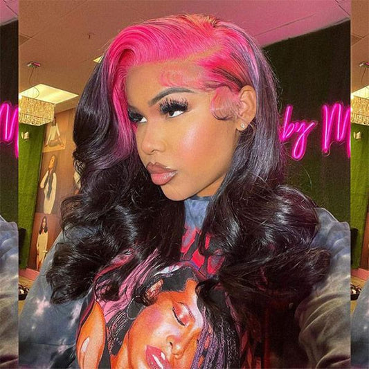 VSHOW Sparkle Pink Roots Black Color Wig 13x4 Transparent Lace Front Human Hair Wigs Flat Iron Curls