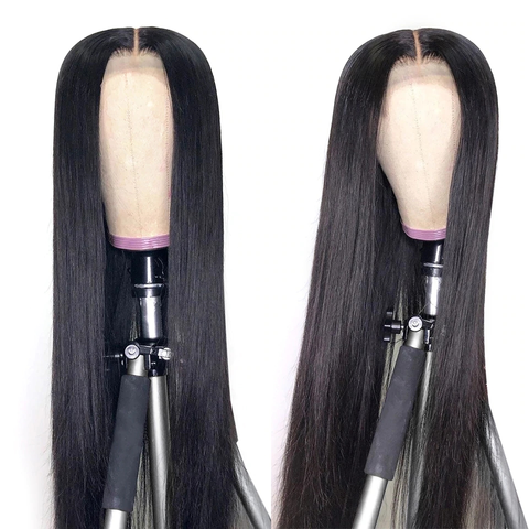 VSHOW Straight Hair Lace Part Wig Deep Middle Part 4 Inch Natural Black