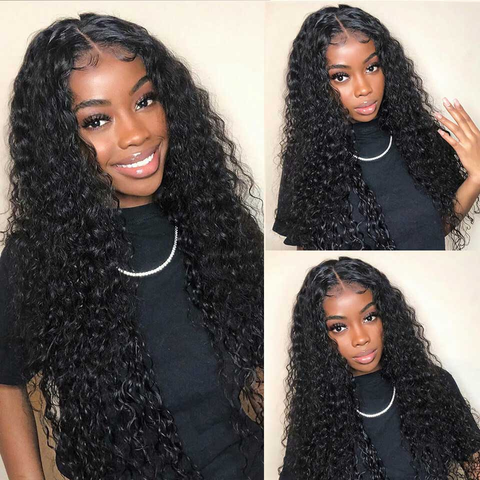 VSHOW T Part Wigs Glueless Water Wave Lace Part Wigs Deep Middle Part 4 Inch Natural Black
