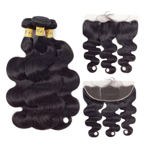 VSHOW HAIR Premium 9A Indian Human Virgin Hair Body Wave 3 Bundles with Pre Plucked 13x4 Frontal Natural Black