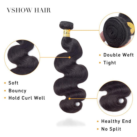 VSHOW HAIR Premium 9A Indian Human Virgin Hair Body Wave Natural Black 3 Bundles Deal