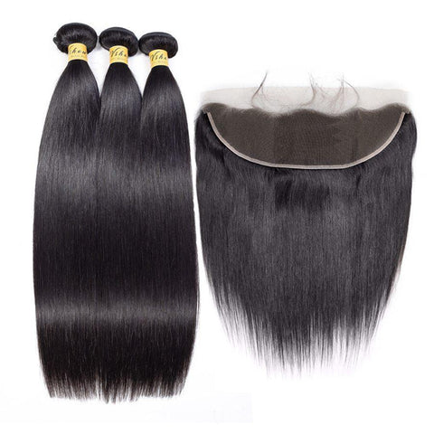 VSHOW HAIR Premium 9A Indian Human Virgin Hair Straight 3 Bundles with Pre Plucked 13x4 Frontal Natural Black