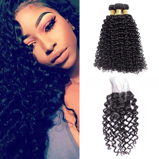 VSHOW HAIR Premium 9A Brazilian Human Virgin Hair Water Wave 3 Bundles with Pre Plucked Closure Deal Natural Black
