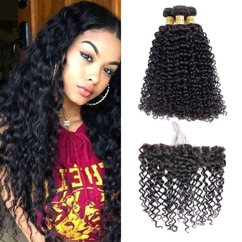 VSHOW HAIR Premium 9A Mongolian Human Virgin Hair Water Wave 3 Bundles with Pre Plucked 13x4 Frontal Natural Black