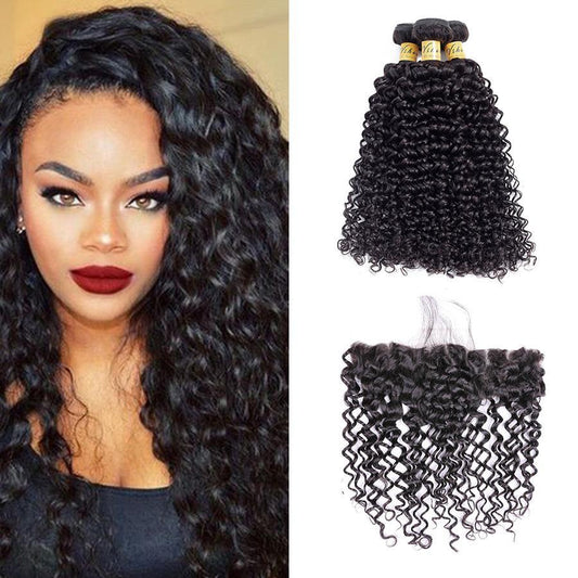 VSHOW HAIR Premium 9A Brazilian Human Virgin Hair Water Wave 3 Bundles with Pre Plucked 13x4 Frontal Natural Black