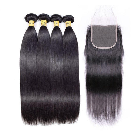 VSHOW HAIR Premium 9A Brazilian Human Virgin Hair Straight 4 Bundles with Pre Plucked Closure Deal Natural Black