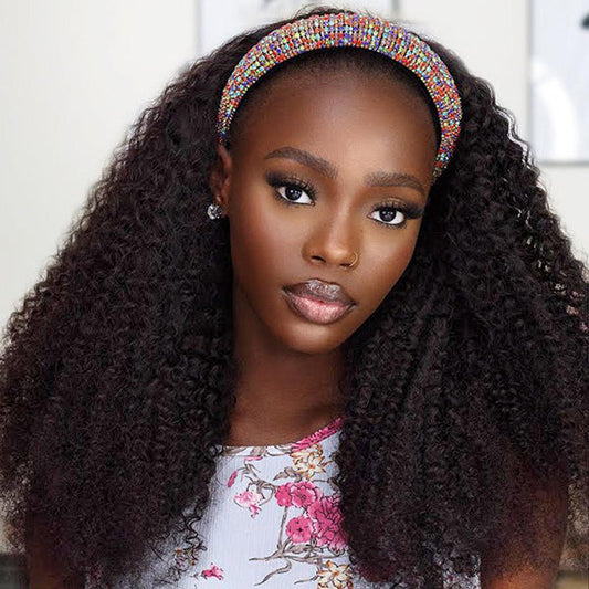 VSHOW 180% Density Glueless Kinky Curly Headband Wig Thick Throw & Go Human Hair Wigs