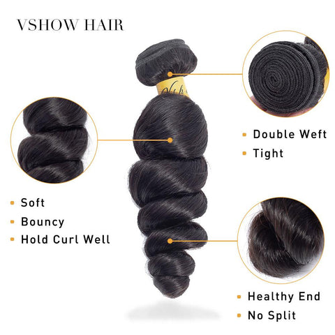 VSHOW HAIR Premium 9A Malaysian Human Virgin Hair Loose Wave Natural Black 3 Bundles Deal