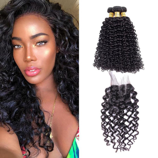 VSHOW HAIR Premium 9A Mongolian Human Virgin Hair Water Wave 3 Bundles with Pre Plucked Closure Deal Natural Black