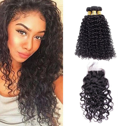 VSHOW HAIR Premium 9A Peruvian Human Virgin Hair Water Wave 3 Bundles with Pre Plucked Closure Deal Natural Black