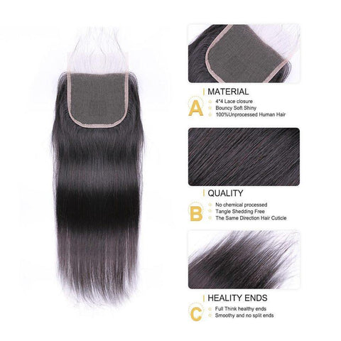 VSHOW HAIR Premium 9A Malaysian Human Virgin Hair Straight 3 Bundles with Pre Plucked Closure Deal Natural Black