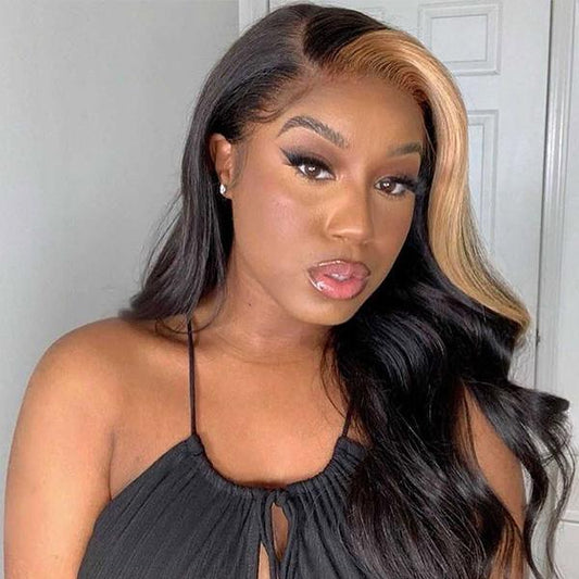 VSHOW Blonde Skunk Stripe Hair Straight Lace Front Wig Preplucked 13x4 Transparent Lace Front Human Hair Wigs
