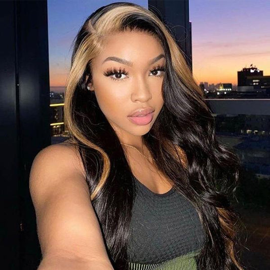 VSHOW Blonde Skunk Stripe Hair Straight Lace Front Wig Preplucked 13x4 Transparent Lace Front Human Hair Wigs