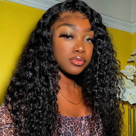 VSHOW Water Wave Lace Front Wigs Water Wave Human Hair Wigs Natural Black