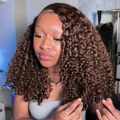 Vshow Burmese Curly Glueless Human Hair Wig Chocolate Brown Color Pre Cut 10x6 Lace Wear Go Wig With Drawstring