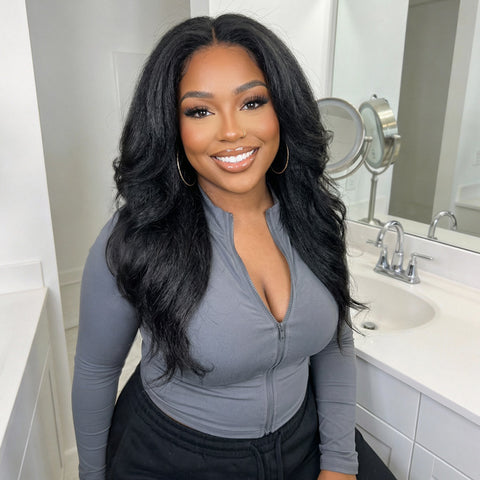 Layered Cut Blow Out Kinky Straight Human Hair Half Wigs With Drawstring Pre Styled Yaki Hair Wigs