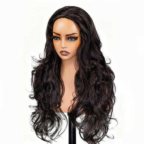 Pre Styled Butterfly Cut Layered Yaki Straight V Part Human Hair Wigs With Drawstring 250% Density