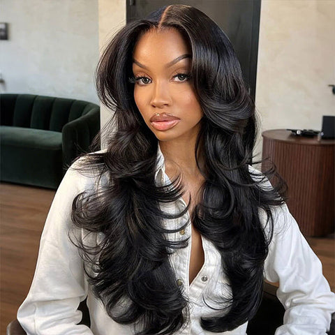 Pre Styled Body Wave Layered Cut Wigs 3 In 1 Half Wigs For Women Natural Blend