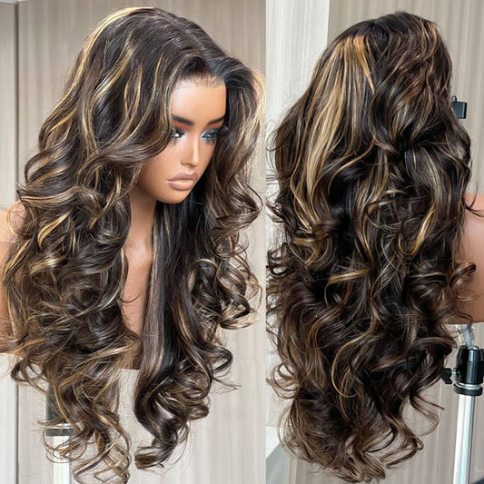 3 In 1 Half Wig Pre-Styled Butterfly Cut Layer Brown Balayage Human Hair Wigs Yaki Body Wave V Part Wigs