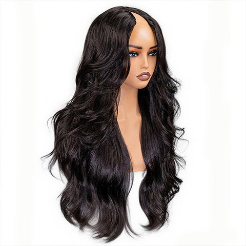 Pre Styled Butterfly Cut Layered Yaki Straight V Part Human Hair Wigs With Drawstring 250% Density