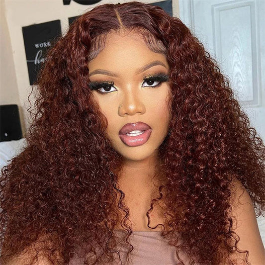 Reddish Brown Water Wave Curly Hair Wear Go Wigs Pre-Cut Lace Glueless Wigs