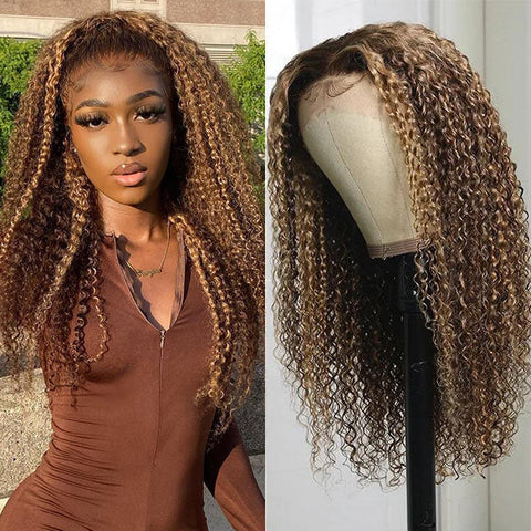 Clearance Sale Highlight 4/27 Kinky Curly 4x4  Lace Closure Human Hair Wigs Pre Plucked Hairline Transparent Lace