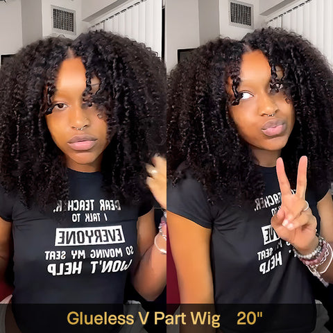 Vshow Glueless Wigs V Part Afro Curly Wig No Leave Out Thin Part Human Hair Wig Beginner Friendly
